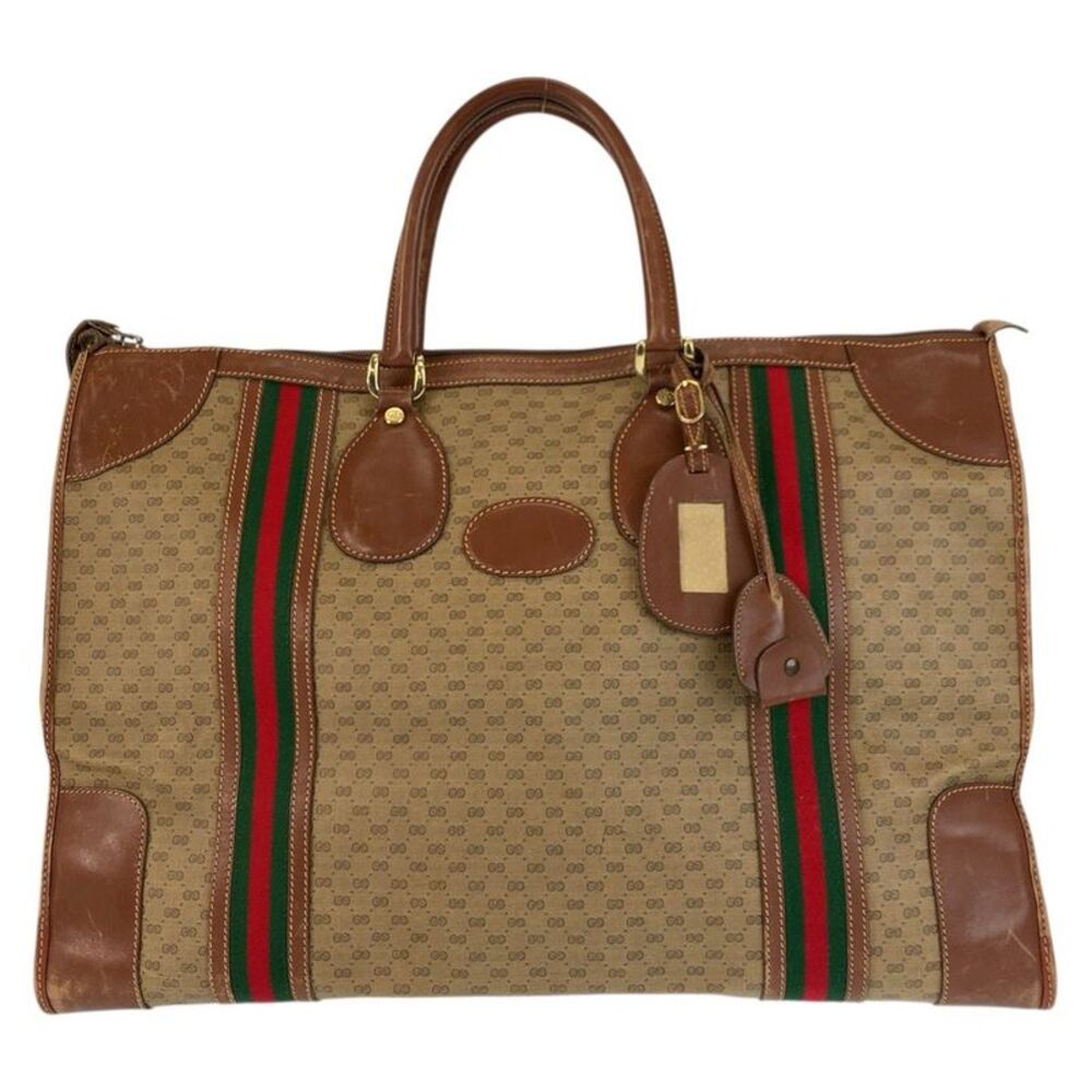 GUCCI Vintage MicroGG Sherry Line GG Supreme Canvas Leather Boston Bag